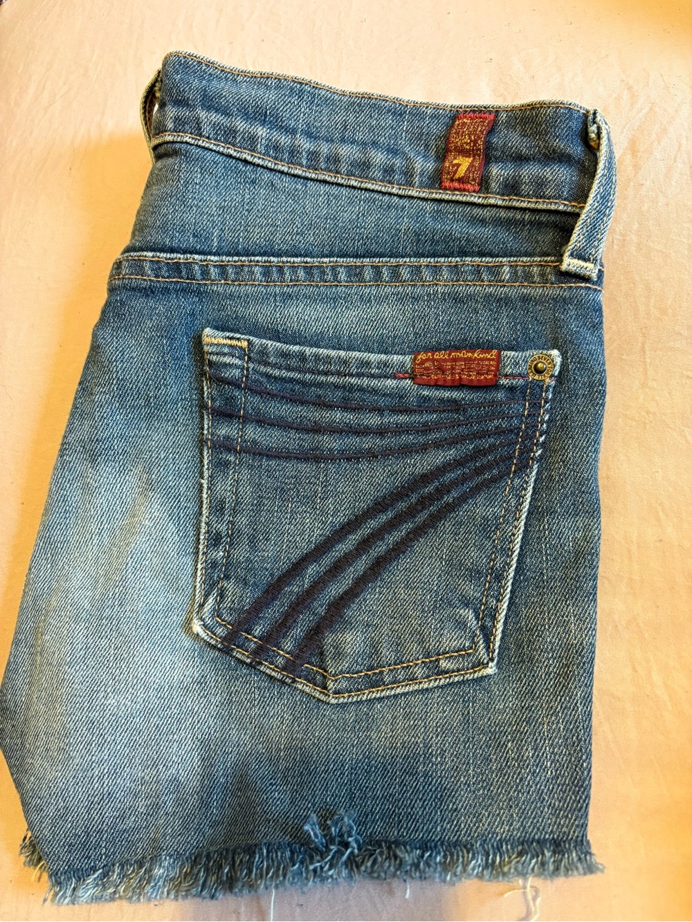 7 For All Mankind Light Blue Denim Shorts with Frayed Hem